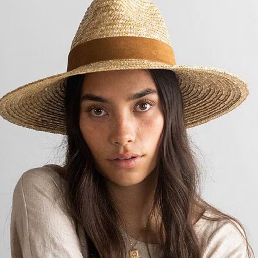 GIGI PIP Isla Straw Fedora Hat Wide Brim Natural Brown Suede One Size Retail $96